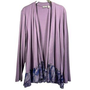 LOGO Lori Goldstein Jacket Large Purple Sheer Ruffle Floral Long Sleeve Stretch